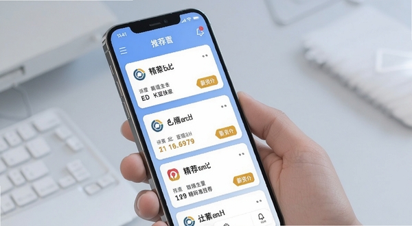 行业找工作APP个性化推荐界面展示,手机屏幕中显示多个职位卡片,每个卡片带有公司Logo和薪资标签,背景为淡蓝色渐变,突出智能匹配与精准推荐功能,画面简洁现代