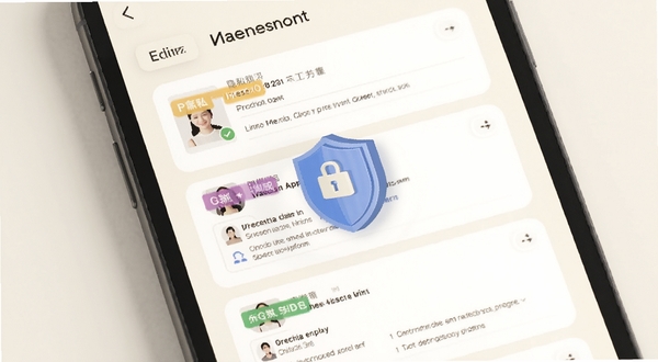 行业找工作APP简历管理页面,手机屏幕显示多份简历卡片,每份简历有不同颜色标签,背景为柔和的米白色,画面中有盾牌图标象征隐私保护,整体风格安全可靠