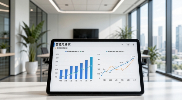 智慧电梯家 平板电脑屏幕上展示电梯维保数据统计图表 柱状图与折线图清晰可见 背景是现代化物业管理办公室 有绿植和落地窗 光线充足 商务简约风格
