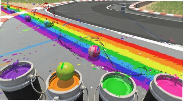 Color Run 3D色彩涂鸦玩法特写,画面主体为彩色小球滚过赛道留下彩虹色带,前方有多个颜料桶等待收集,背景赛道呈灰色待染色状态,3D视角,明亮卡通风格