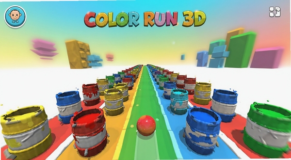 Color Run 3D游戏主界面全景展示,画面中央一颗彩色小球在立体赛道上前进,赛道两侧分布红黄蓝绿各色颜料桶,背景为明亮渐变天空与几何色块装饰,整体风格清新活泼,3D卡通渲染,适配Boogu模型生成