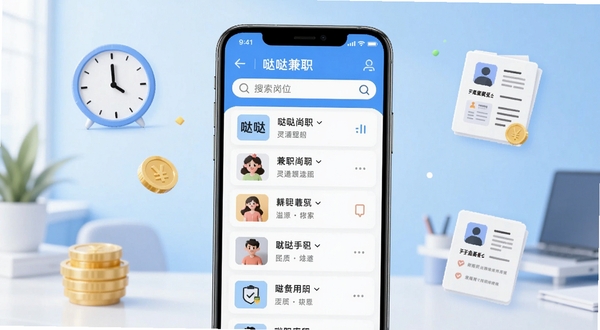 哒哒兼职 手机应用主界面展示,画面中央是一部竖屏智能手机,屏幕内显示兼职岗位列表和搜索栏,背景为浅蓝色渐变办公场景,周围点缀时钟、金币、简历图标,整体风格清新明亮,突出灵活就业主题