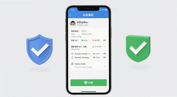 哒哒兼职 手机操作界面截图,画面展示用户正在浏览兼职岗位详情并点击沟通按钮,手机周围有盾牌图标和勾选标记,背景为浅灰色,突出安全提醒与操作便捷