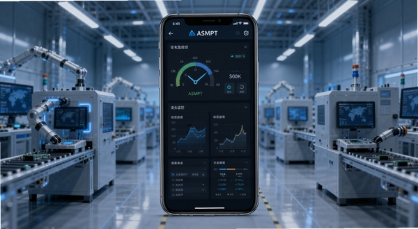 ASMPT Mobile 软件主界面全貌,画面中央为手机屏幕展示设备监控仪表盘,背景为现代化电子制造车间,蓝灰色调,科技感强,细节清晰,适配 Boogu 模型生成