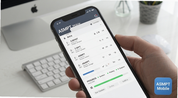ASMPT Mobile 工单处理界面,手机屏幕展示工单列表和进度条,背景为简洁办公桌面,ASMPT Mobile 图标位于屏幕角落,整体风格清爽商务