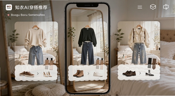 知衣AI穿搭推荐页面,手机屏幕展示三套不同风格的搭配方案,每套包含上衣下装和鞋子的组合缩略图,背景是阳光明媚的卧室穿衣镜前,氛围轻松时尚,突出知衣的智能推荐功能,画面适配Boogu模型生成