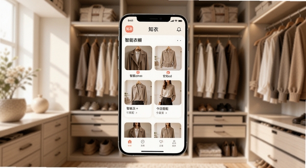 知衣APP主界面展示,手机屏幕中央显示智能衣橱分类与今日搭配推荐卡片,背景是柔和的家居衣帽间场景,光线明亮自然,整体色调温暖简约,突出知衣品牌标识与穿搭主题,画面适配Boogu模型生成