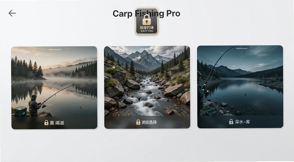 Carp Fishing Pro ����ѡ����棬չʾ������ͬ����������ͼ���ֱ��ǳ���������ɽ��Ϫ������ˮˮ�⣬���澫��ϸ�壬ÿ���������ж��ص�ɫ���ͷ�Χ��UI�������ִ������������ĸ߼�����ͼ��