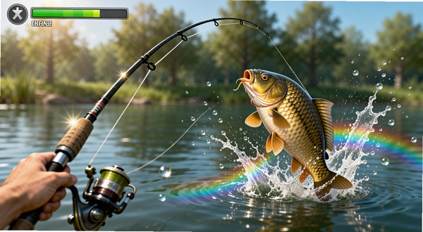 Carp Fishing Pro ���㳡������һ�˳��ӽǣ������ɹ��Σ����߽�����ˮ������һ���޴������Ծ��ˮ�棬ˮ���Ľ�������������ˮ�����γɲʺ磬������ģ���İ�����ľ����ϷUI��ʾ������