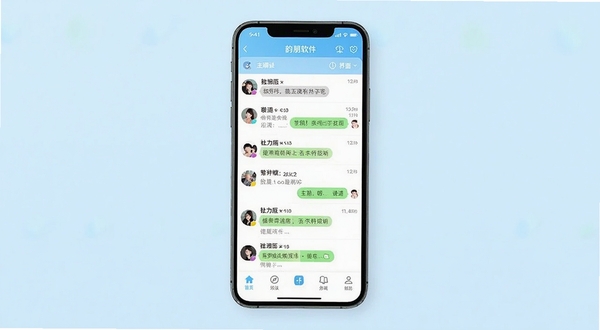 韵朋软件主界面展示,手机屏幕居中放置,背景为淡蓝色渐变,界面显示聊天列表和底部导航栏,整体风格简洁清新,适合社交聊天应用截图预览