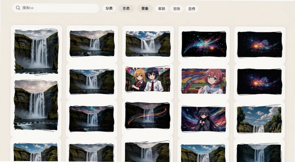 大景象壁纸资源库界面,画面主体为瀑布流式壁纸缩略图网格,背景区域为浅色系卡片式布局,展示风景、动漫、抽象等多种风格壁纸,顶部有搜索框和分类标签