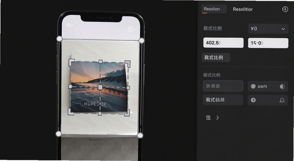 大景象壁纸裁剪适配界面,画面主体为手机屏幕预览区域显示裁剪框,背景区域为深灰色操作面板,展示分辨率参数和裁剪比例选项