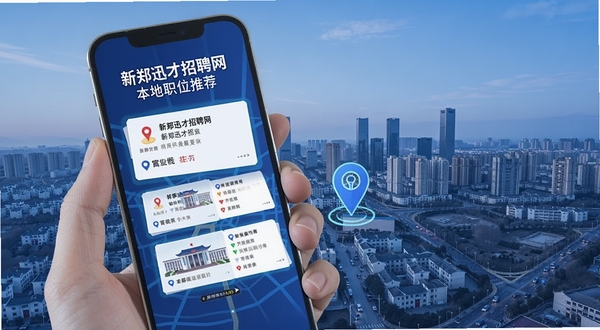 新郑迅才招聘网 本地职位推荐 手机屏幕 地图定位 岗位卡片 新郑城市背景 科技感 蓝色调