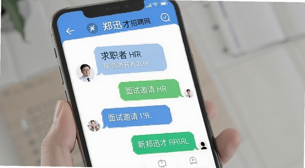 新郑迅才招聘网 在线沟通 聊天界面 求职者与HR对话 面试邀请 手机聊天气泡 简洁UI