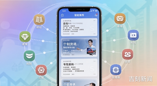 吉刻新闻智能推荐功能示意图,画面中一部手机屏幕显示个性化资讯卡片,卡片周围环绕着代表不同频道的小图标,如财经、体育、科技等,背景为柔和渐变色调,突出智能筛选与分类聚合的概念,软件名称吉刻新闻以水印形式出现在画面右下角