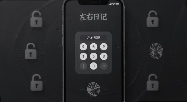 左右日记应用内加密解锁界面,画面主体为手机屏幕中央的密码输入框,背景是深色磨砂质感,周围有锁形图标和指纹识别符号,屏幕上方显示左右日记字样,整体氛围安全私密,采用写实风格,光影柔和,突出隐私保护功能