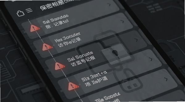 保密相册 访问记录与警报界面,手机屏幕显示时间轴列表和红色警报图标,背景是深灰色安全主题,突出监控与记录功能