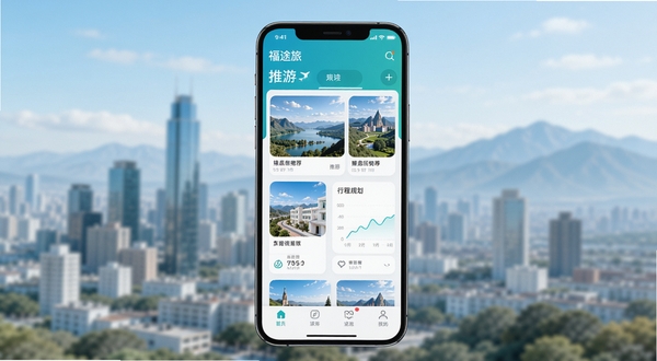 画面中央位置展示一部智能手机,屏幕上打开福途旅游应用的主界面,界面中清晰呈现景点推荐卡片与行程规划模块,背景区域为虚化的城市天际线与远山轮廓,整体色调明亮清新,风格为写实科技感,突出移动端旅游应用的便捷与智能。