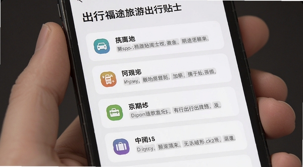 福途旅游出行贴士功能界面,手机屏幕显示多条出行建议条目,每条建议前有彩色小图标标识类别,背景区域为淡灰色与白色搭配,整体视觉干净利落,突出信息清晰易读的产品特性。