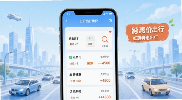 低价特惠出行软件主界面展示,画面中央是手机屏幕中清晰呈现的出行方案比价列表,背景为浅蓝色渐变城市交通元素,整体风格简洁明亮,突出低价特惠出行的核心功能定位