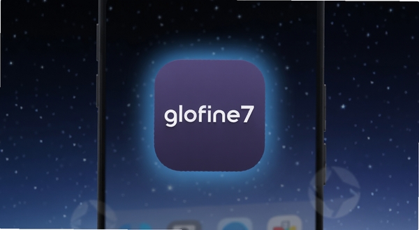 glofine7应用图标悬浮在安卓手机屏幕上方,背景为深色星空渐变,图标散发柔和的蓝色光晕,画面简洁突出软件品牌感