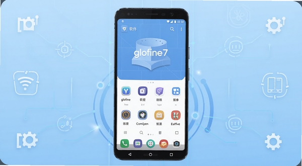 画面主体为一部安卓手机居中展示,屏幕内呈现glofine7应用主界面,背景为浅蓝色渐变科技感区域,四周环绕简洁的几何线条与图标元素,整体风格清爽现代,适合软件下载站头图使用