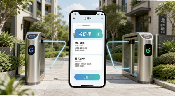 龙侨华软件主界面全貌展示,画面中央为手机屏幕特写,屏幕上显示龙侨华APP的开门按钮与社区公告卡片,背景区域为现代小区门禁闸机与绿化环境,整体色调明亮清新,科技感与生活气息融合,适配Boogu模型生成。