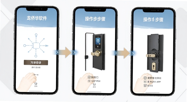 龙侨华APP操作步骤示意图,画面为手机屏幕展示从登录到开门的三步流程图,背景为简洁的浅灰色几何图形,突出步骤引导,画面中带有龙侨华软件名称和操作箭头。