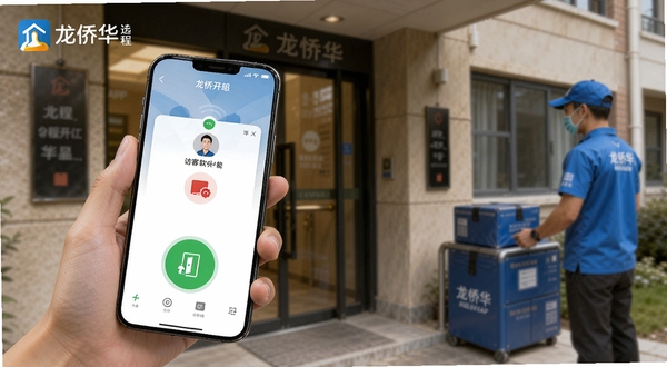 龙侨华APP远程开门功能界面,画面主体为一只手拿着手机,手机屏幕上显示醒目的绿色开门按钮和访客呼叫弹窗,背景为公寓楼入口和快递员等待场景,光线柔和,突出便捷操作,画面中带有龙侨华软件名称标识。