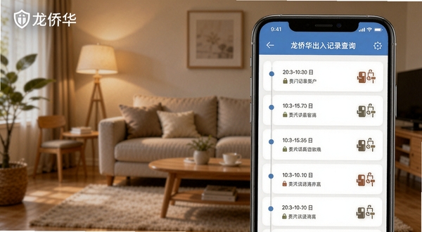 龙侨华出入记录查询页面,画面主体为手机屏幕展示的时间轴日志列表,每条记录带有时间戳和开门方式图标,背景为温馨的家庭客厅场景,光线柔和,突出安心守护主题,画面中带有龙侨华软件名称。