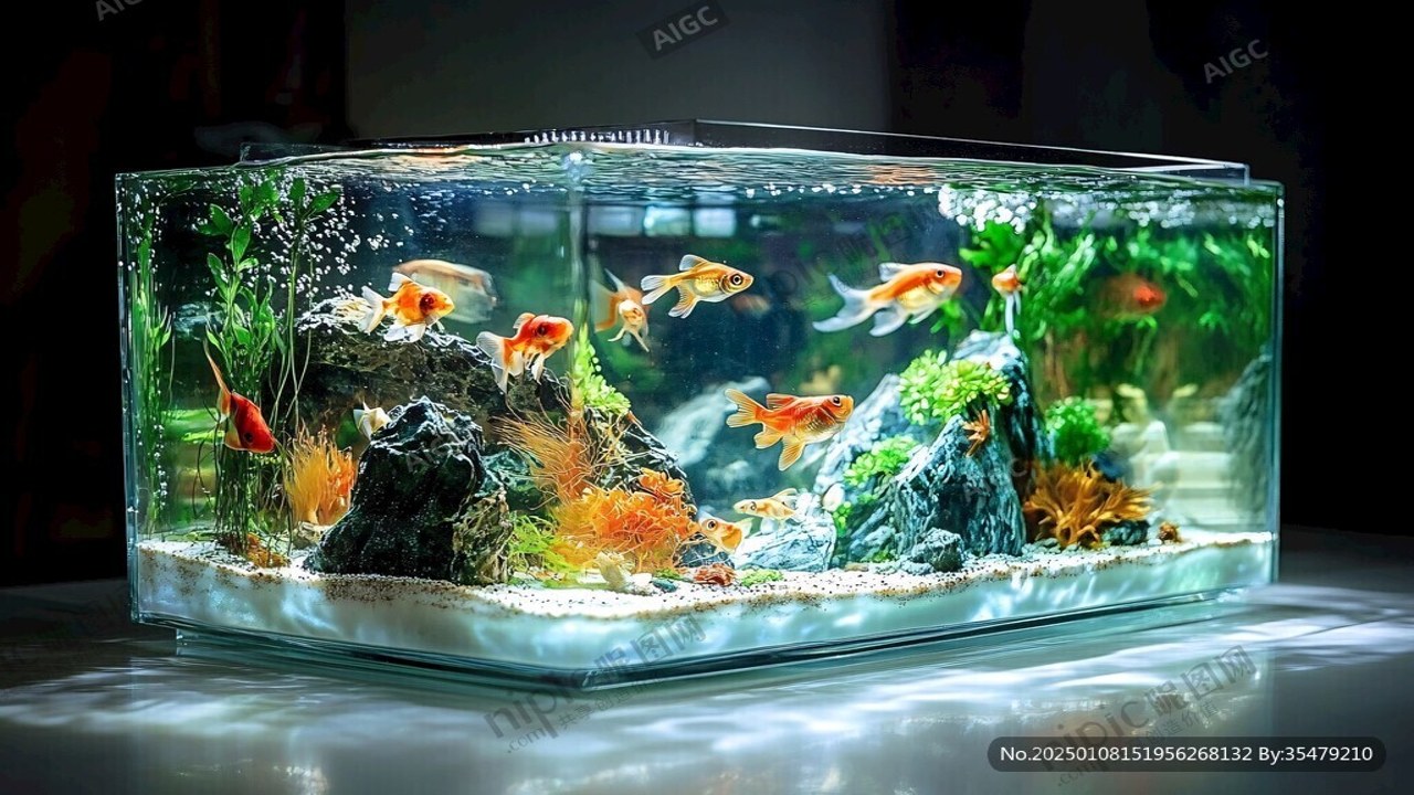精美彩鱼鱼缸造景整体效果展示图