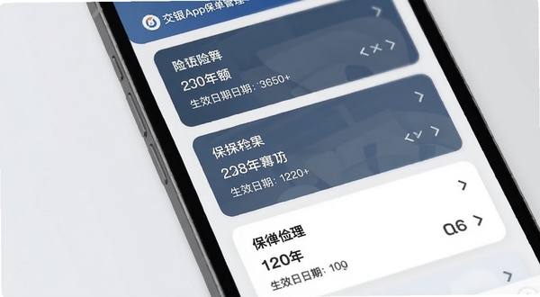 交银人寿App保单管理界面特写,手机屏幕显示多张保单卡片列表,每张卡片包含险种名称、保额、生效日期等关键字段,界面风格为清爽卡片式设计,背景为淡雅灰白配色,突出数字化保单管理的便捷感