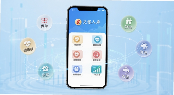 交银人寿App官方主界面全貌展示,画面中央为手机屏幕内显示交银人寿品牌Logo与核心功能图标矩阵,背景为浅蓝色渐变金融科技风格,周围环绕保单、健康、财富、客服等悬浮元素,整体构图简洁大气,适配Boogu模型生成