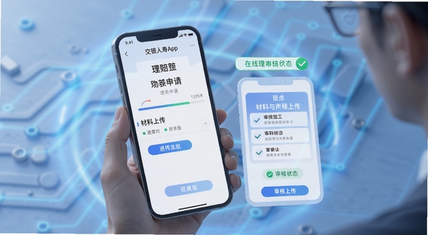 交银人寿App在线理赔操作流程示意图,画面展示手机屏幕中理赔申请页面与材料上传步骤,配有进度条与审核状态标签,背景为柔和蓝色科技光晕,体现高效便捷的数字化理赔服务