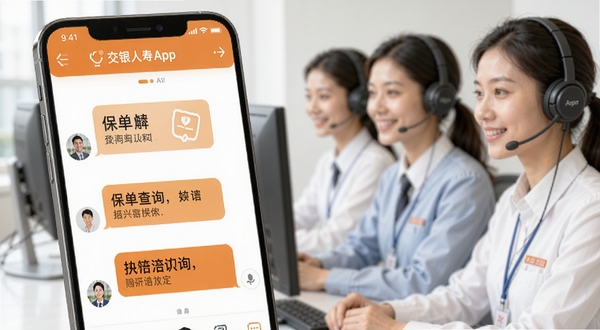 交银人寿App智能客服对话界面展示,手机屏幕中呈现用户与AI客服的问答气泡,内容涉及保单查询与理赔咨询,界面配色为温暖橙色与白色搭配,背景虚化显示客服团队形象,传递专业贴心的服务理念