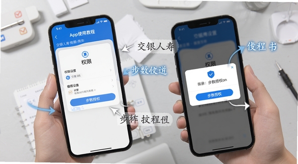 交银人寿App使用教程示意图,画面展示手机屏幕中权限设置页面与步数授权弹窗,配有箭头指引与文字标注,背景为简洁的浅灰色工作台场景,突出操作步骤的清晰易懂