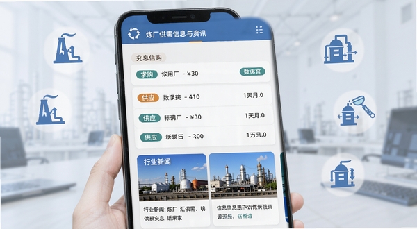 炼厂汇供需信息与资讯页面,手机屏幕显示信息列表包含求购与供应标签,画面下方有行业新闻卡片,背景为浅色商务风格,点缀石化元素图标,整体呈现信息聚合与交流氛围