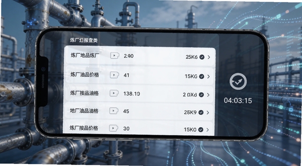 炼厂汇报价查询功能界面,手机屏幕显示按地区分类的炼厂列表与对应油品价格,画面右侧为数据刷新图标与时间戳,背景为抽象的石化管道与数据流线条,整体风格简洁现代,突出信息时效性