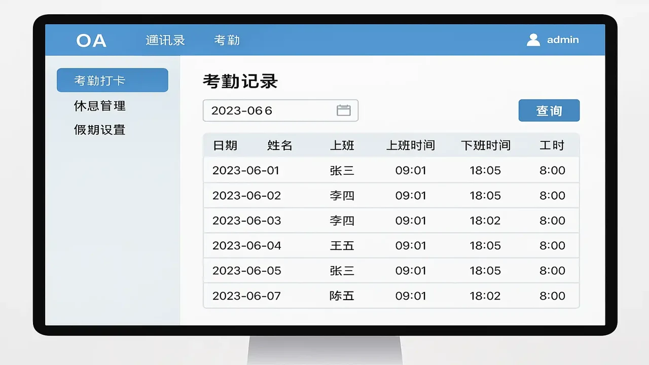 畅峰OA考勤管理与数据统计报表界面