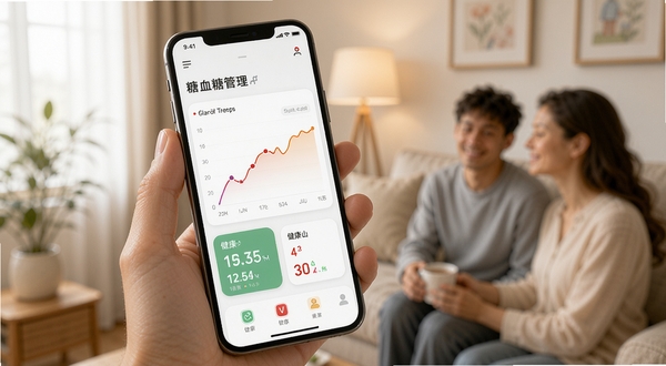 与糖 血糖管理应用界面展示 手机屏幕中显示血糖趋势曲线和健康数据卡片 背景为温馨的家庭健康场景 柔和光线 简洁现代风格
