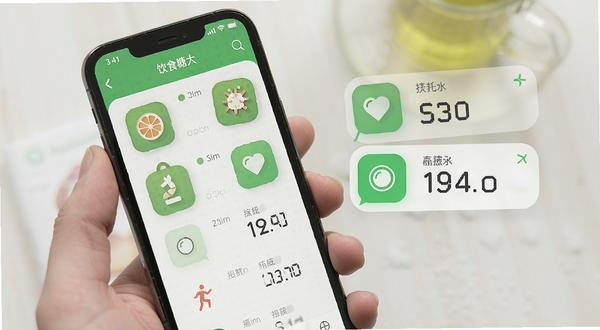 与糖 饮食运动记录界面 手机屏幕展示食物图标和运动图标 旁边有血糖数值关联提示 清新绿色调