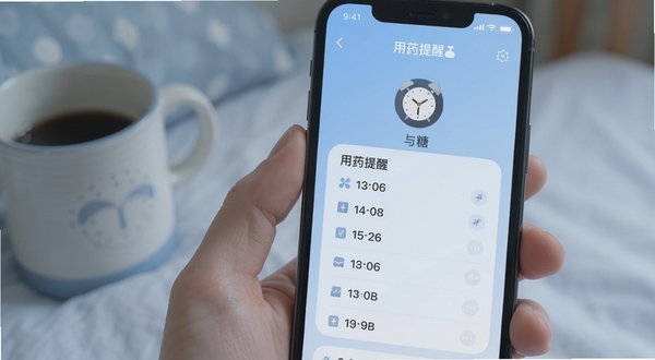 与糖 用药提醒设置界面 手机屏幕显示闹钟图标和用药时间表 柔和蓝色调 安静舒适