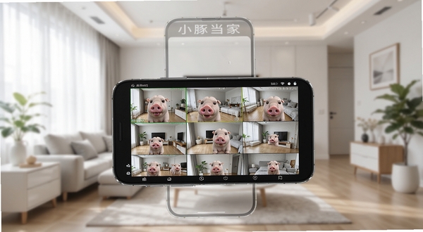 小豚当家远程实时监控功能展示,画面主体为手机屏幕呈现多路摄像头画面分屏布局,背景为现代家居环境,光线明亮,细节清晰,风格简洁科技感