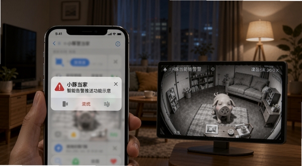 小豚当家智能告警推送功能示意,画面主体为手机弹出告警通知卡片与监控截图,背景为夜间家居场景,氛围安静,风格写实细腻