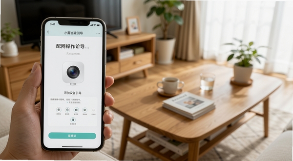 小豚当家新手安装与配网操作示意图,画面主体为手机屏幕显示添加设备引导页面与摄像头图标,背景为客厅茶几环境,光线自然,风格清新易懂