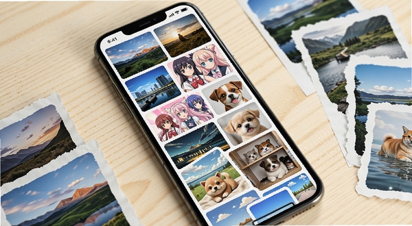展示壁纸主题大全App内海量壁纸瀑布流界面,画面主体为手机屏幕中滚动的壁纸缩略图,包含风景、动漫、萌宠等多样风格,背景区域为浅色木质桌面,手机旁边散落几张打印出来的壁纸小样,整体光线明亮柔和,突出壁纸主题大全资源丰富的特点