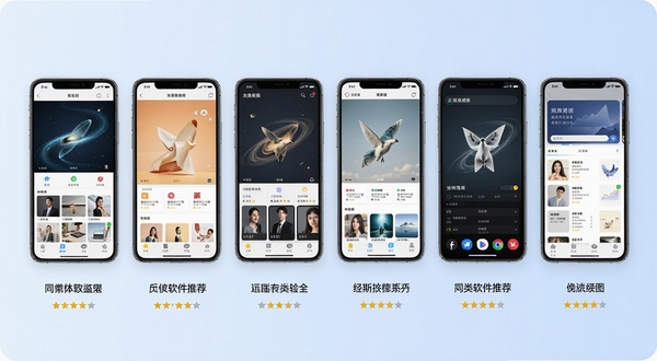 壁纸主题大全同类软件推荐对比示意图,画面主体为六款手机并排展示不同壁纸App的界面截图,背景区域为淡蓝色渐变,每款手机下方标注软件名称与星级评分,整体风格简洁商务,突出同类软件选择多样性