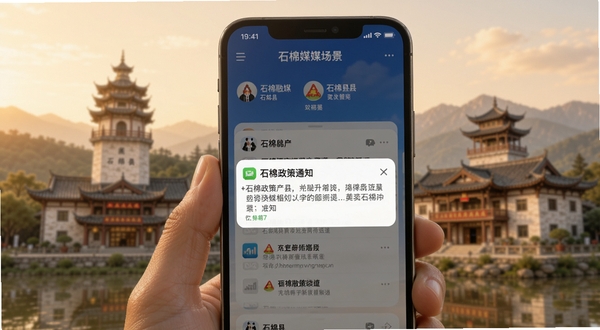石棉融媒新闻推送场景,手机屏幕弹出石棉县最新政策通知,画面背景为石棉县标志性建筑,画面主体为手机与通知弹窗,柔和暖色光线,体现权威与及时性