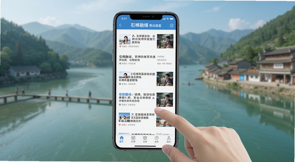 石棉融媒移动端操作界面,画面展示手机屏幕中的新闻列表与底部导航栏,背景为石棉县安顺场场景,画面主体为手机与操作手势,风格清新明亮,体现易用性