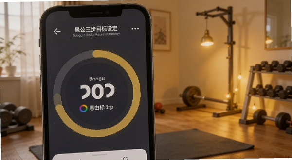 愚公三步目标设定界面,手机屏幕显示圆形进度环与数字目标,背景为室内健身角与暖色灯光,画面风格温馨励志,适配Boogu模型生成